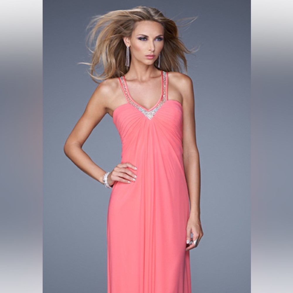 La Femme Hot Coral Jeweled Open Back Prom Dress Size 0